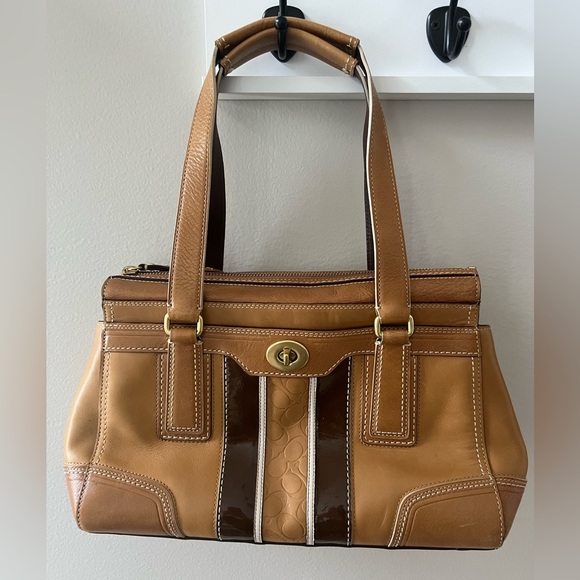 Coach Handbags - Coach Tan and Dark Brown Leather Satchel